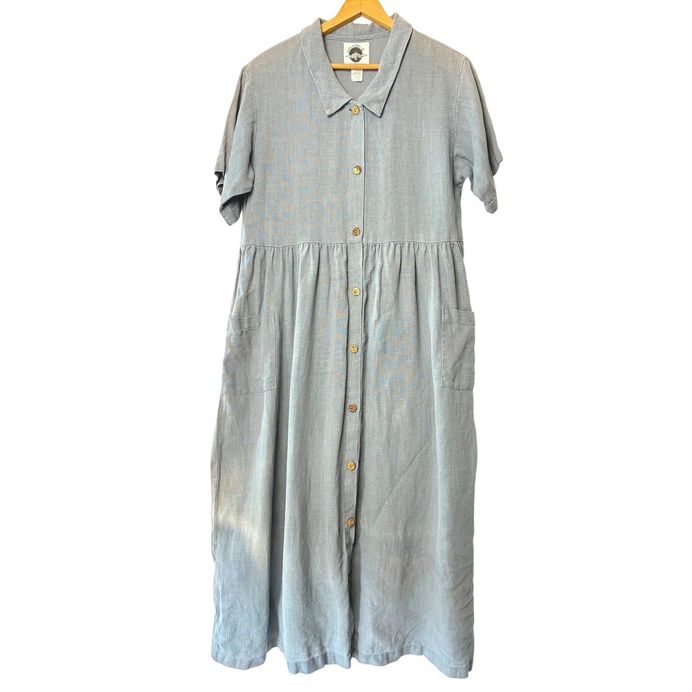 100% Hemp Yoon-A-Verse Vintage Lagenlook Blue Maxi Dress Size 3 Cottage